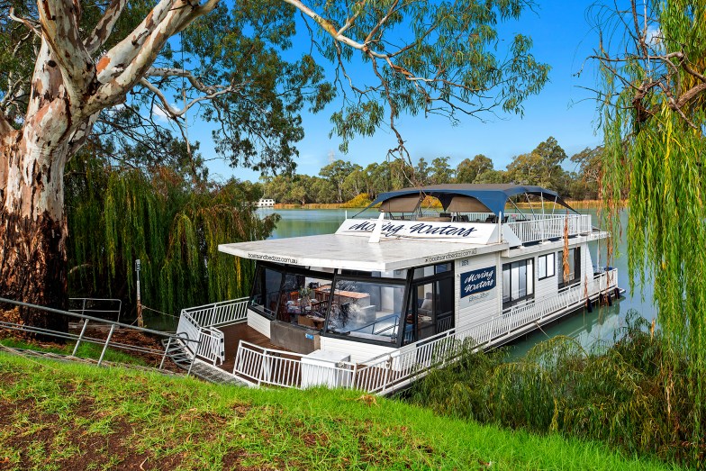 Spacious barge perched next to the island