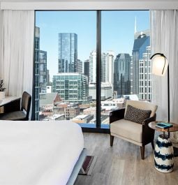 Hotel room overlooking skyscrapers