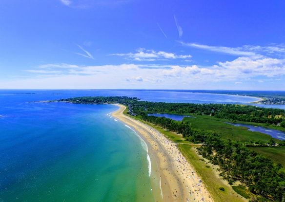 Aerial view of a long sandy beach next to the green spaces