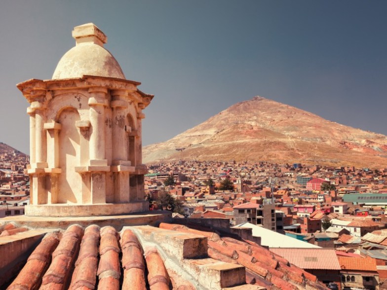 Panoramic view of silver mines in Cerro Rico mountain from San Francisco church in Potosi