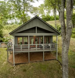 Aerial view of cabin in the woods