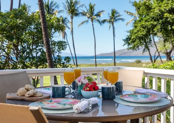 Patio with plates and glasses on table and palm trees in distance