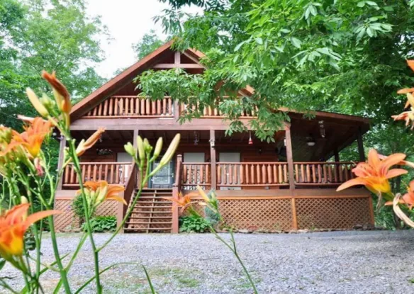 cabin framed by orange flowers with gravel driveway